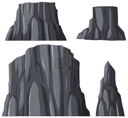 Vier unterschiedliche Stile illustrierter Felsen.