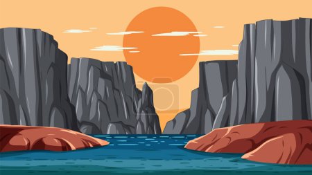 Téléchargez les illustrations : Coucher de soleil entre les falaises sur l'eau tranquille - en licence libre de droit