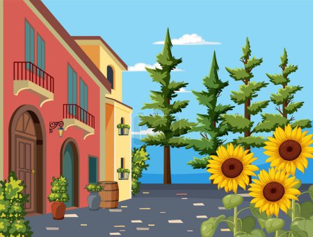 Colorful buildings and sunflowers on a quaint street.