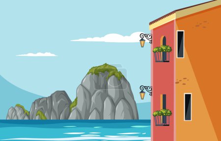 Téléchargez les illustrations : Illustration vectorielle d'une ville balnéaire aux falaises. - en licence libre de droit