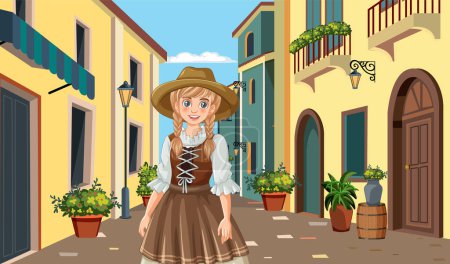 Ilustración de Chica animada en traje tradicional en una calle del pueblo - Imagen libre de derechos