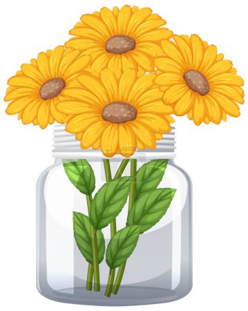 Illustration for Bright yellow sunflowers arranged in a clear jar - Royalty Free Image