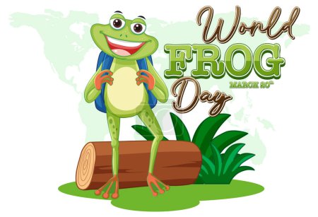 Téléchargez les illustrations : Joyeux grenouille avec sac à dos lors de la Journée mondiale de la grenouille - en licence libre de droit