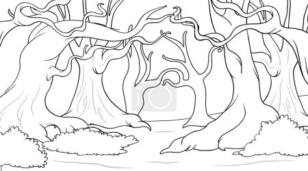 Téléchargez les illustrations : Dessin noir et blanc d'une scène de forêt mystique - en licence libre de droit