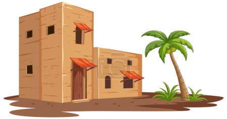 Téléchargez les illustrations : Illustration vectorielle de bâtiments en adobe avec palmier - en licence libre de droit