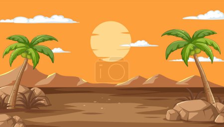 Téléchargez les illustrations : Graphique vectoriel d'une scène tranquille de coucher de soleil dans le désert - en licence libre de droit