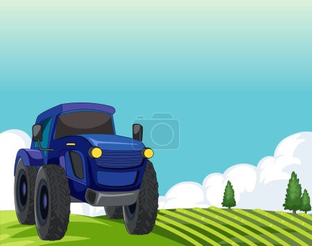 Téléchargez les illustrations : Illustration vectorielle d'un tracteur bleu sur des terres agricoles - en licence libre de droit