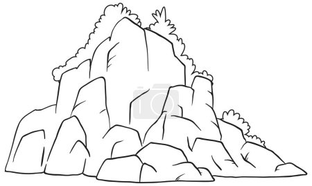 Black and white drawing of a rocky mountain