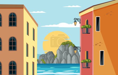 Illustration for Vector illustration of a seaside town during sunset - Royalty Free Image