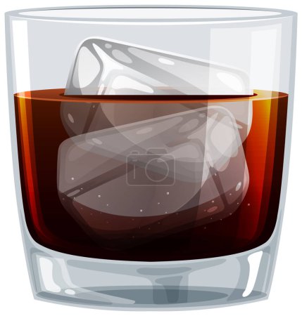 Ilustración vectorial del whisky en un vaso con hielo