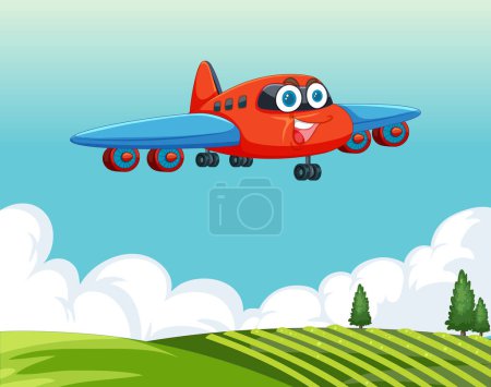 Colorful animated plane soaring above green hills
