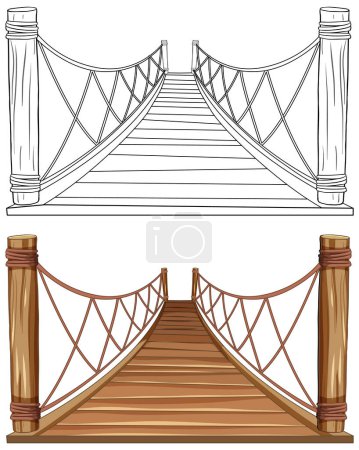 Vector illustration of a wooden suspension bridge