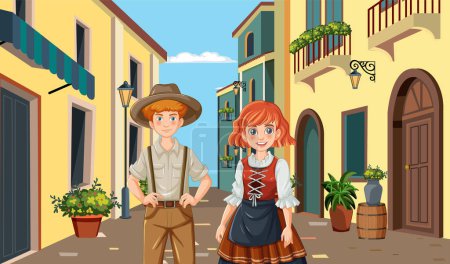 Illustration for Two kids dressed in folk costumes on a street - Royalty Free Image