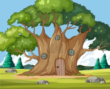 Téléchargez les illustrations : Cartoon tree house dans un cadre forestier serein - en licence libre de droit