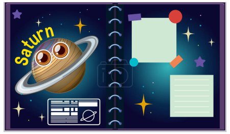 Illustration for Animated Saturn character inside an open notebook - Royalty Free Image