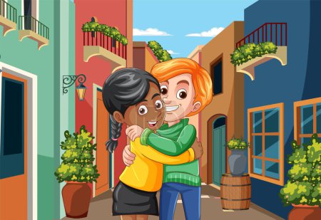 Illustration for Two cartoon characters embracing warmly outdoors - Royalty Free Image