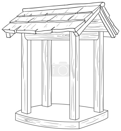 Schwarz-weiße Zeichnung eines hölzernen Brunnens.