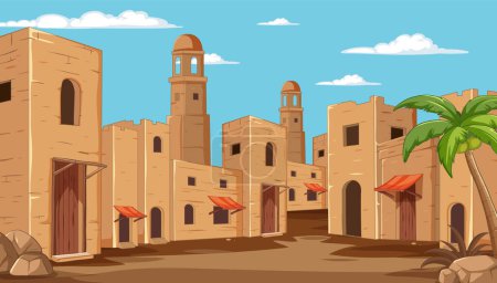 Vector illustration of a sunny desert town scene