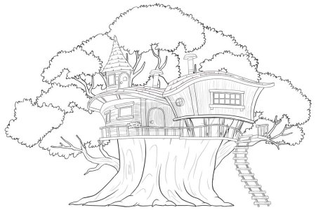 Téléchargez les illustrations : Maison fantaisiste nichée dans un grand vieil arbre. - en licence libre de droit