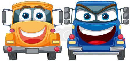 Illustration for Two smiling animated trucks facing forward. - Royalty Free Image