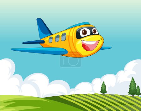Illustration for Colorful animated plane soaring above green fields - Royalty Free Image