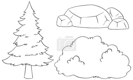 Illustration for Simple line art of tree, rock, and bushes. - Royalty Free Image