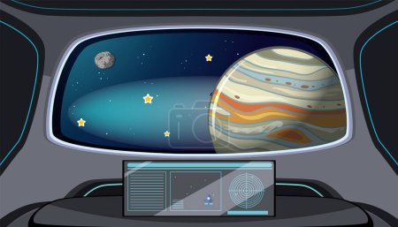 Ilustración de Vista de la ventana de una nave espacial de un planeta distante y estrellas - Imagen libre de derechos