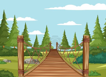 Téléchargez les illustrations : Pont en bois menant à une forêt tranquille - en licence libre de droit