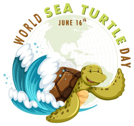 Ilustración de Alegre tortuga marina con ilustración de globo y olas. - Imagen libre de derechos