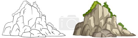 Illustration for Two stages of a cliff, barren and vegetated. - Royalty Free Image