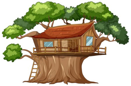 Ilustración de Acogedora casa del árbol de madera enclavada en una exuberante vegetación - Imagen libre de derechos