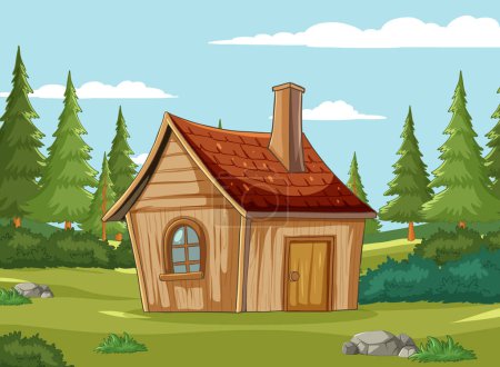 Illustration for Quaint wooden cabin surrounded by pine trees - Royalty Free Image