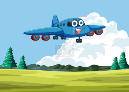 Ilustración de Avión animado con una cara volando sobre un paisaje verde - Imagen libre de derechos