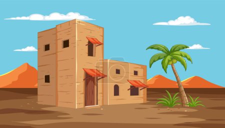 Illustration for Vector illustration of adobe houses in a desert - Royalty Free Image