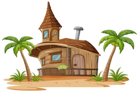 Téléchargez les illustrations : Maison fantaisiste en bois parmi les palmiers tropicaux. - en licence libre de droit