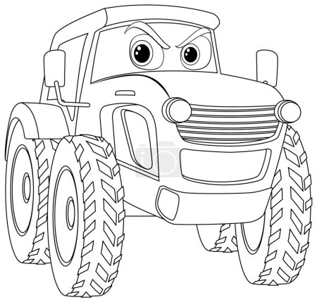 Black and white illustration of a smiling tractor.
