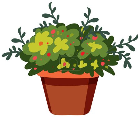 Ilustración vectorial de una exuberante planta con flores en maceta.