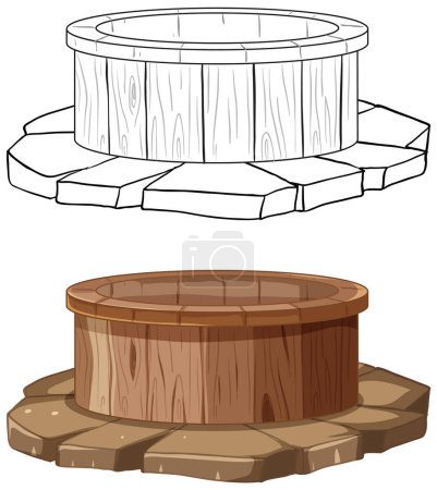 Line art and colored vector of a wooden well.