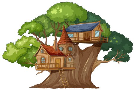 Whimsical treehouse nestled within vibrant green foliage