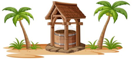 Wooden water well between two palm trees.