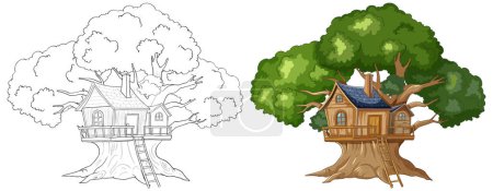 Vector illustration of a treehouse, colored and line art