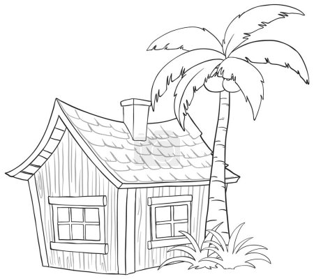 Téléchargez les illustrations : Dessin noir et blanc d'une petite maison de plage - en licence libre de droit