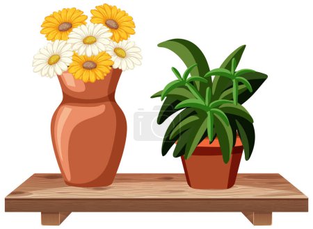 Téléchargez les illustrations : Illustration vectorielle de fleurs et de plantes sur étagère - en licence libre de droit