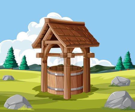 Illustration for Wooden well in a peaceful grassy landscape. - Royalty Free Image