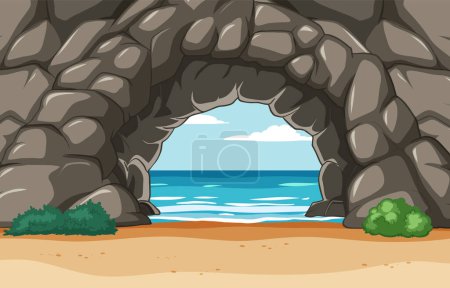 Illustration for Vector illustration of a beach view through a cave - Royalty Free Image