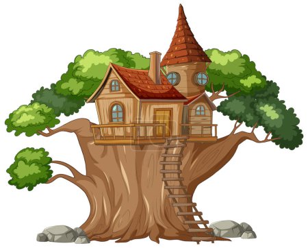 Whimsical treehouse nestled within lush greenery
