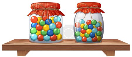 Illustration for Two jars filled with multicolored candies on shelf - Royalty Free Image