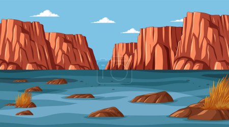 Vector illustration of a tranquil river canyon scene