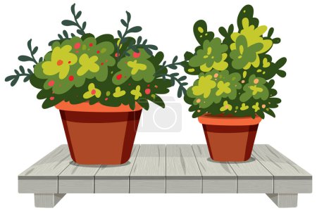 Téléchargez les illustrations : Deux pots de fleurs vibrants avec de la verdure sur un banc - en licence libre de droit