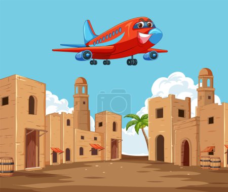 Téléchargez les illustrations : Avion de bande dessinée volant au-dessus de vieux bâtiments désertiques - en licence libre de droit
